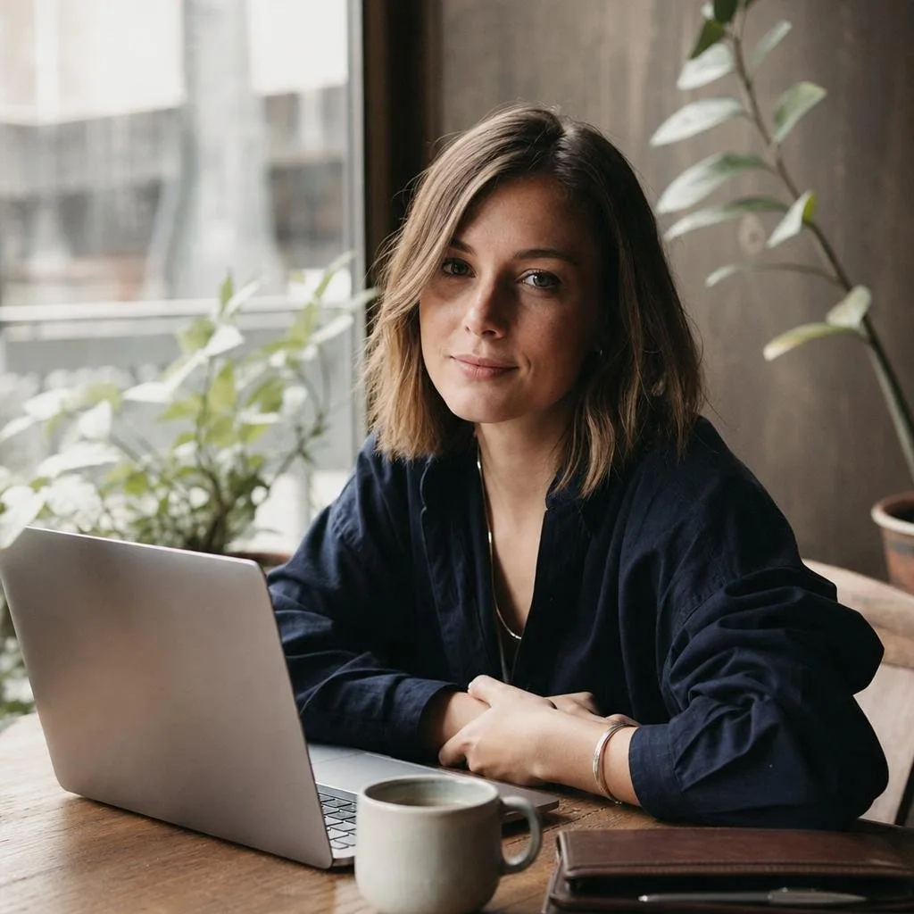 Writer reading over notes at a bright workspace